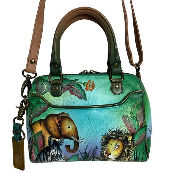 Anuschka Women's Hand-Painted Leather Satchel - Floral Art Double Zip Organizer Bag
